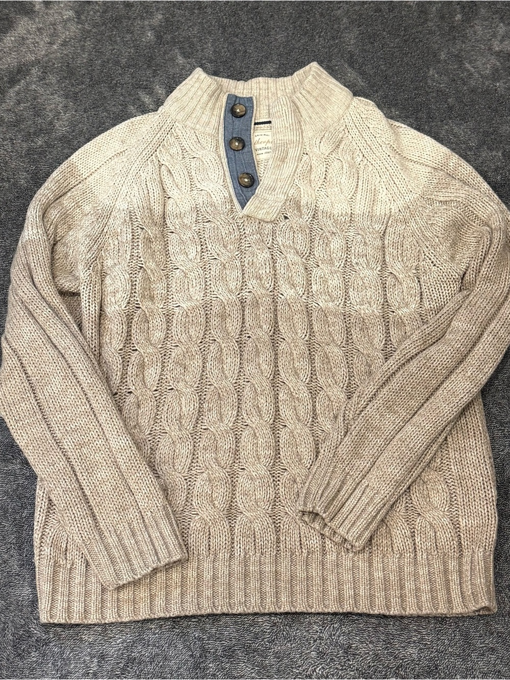 Weatherproof Vintage Sweater Men’s Large Oatmeal Cable Knit Button Mock Neck